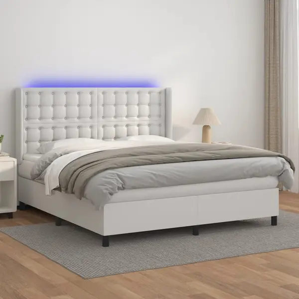 Gossi pat cu arcuri, saltea si led, alb, 180x200 cm, piele ecologica