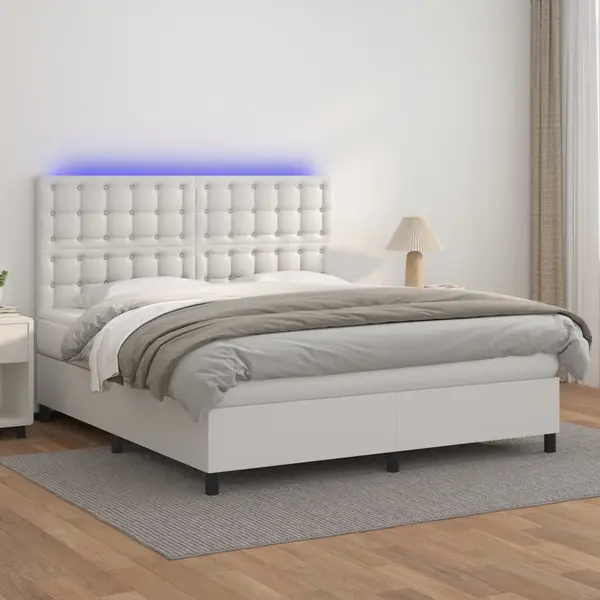 Gossi pat cu arcuri, saltea si led, alb, 180x200 cm, piele ecologica