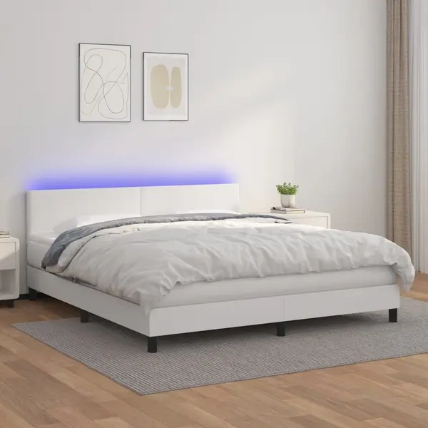 Gossi pat cu arcuri, saltea si led, alb, 180x200 cm, piele ecologica