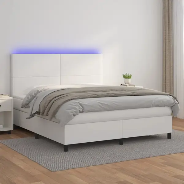 Gossi pat cu arcuri, saltea si led, alb, 180x200 cm, piele ecologica
