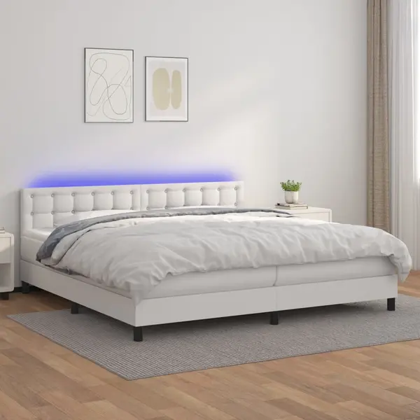 Gossi pat cu arcuri, saltea si led, alb, 200x200 cm, piele ecologica