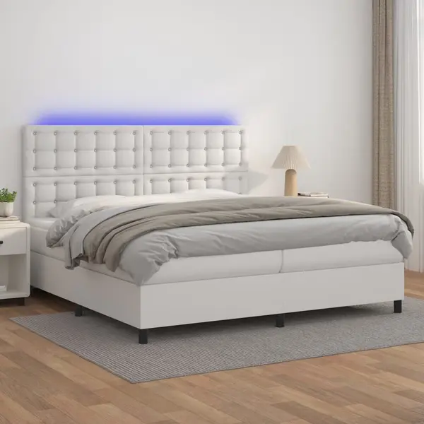 Gossi pat cu arcuri, saltea si led, alb, 200x200 cm, piele ecologica