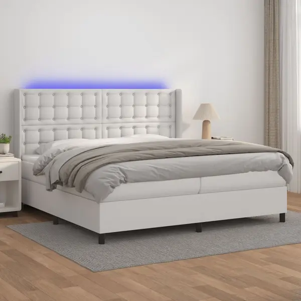 Gossi pat cu arcuri, saltea si led, alb, 200x200 cm, piele ecologica