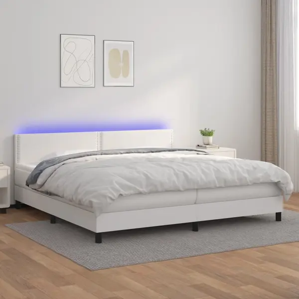Gossi pat cu arcuri, saltea si led, alb, 200x200 cm, piele ecologica