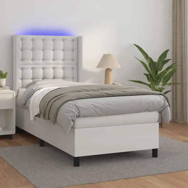 Gossi pat cu arcuri, saltea si led, alb, 90x190 cm, piele ecologica
