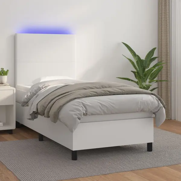 Gossi pat cu arcuri, saltea si led, alb, 90x190 cm, piele ecologica