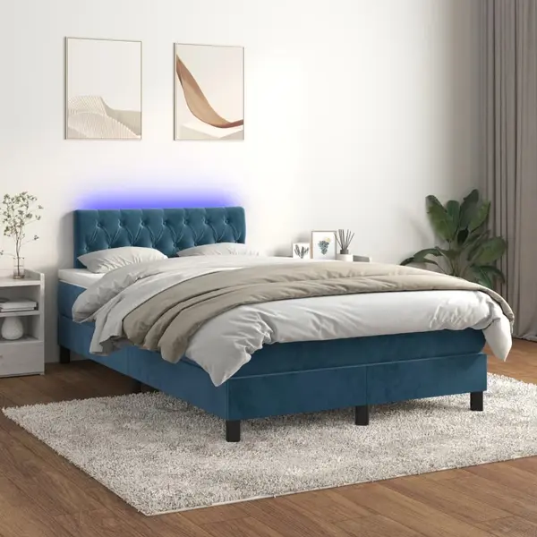 Gossi pat cu arcuri, saltea si led, albastru, 120x200 cm, catifea