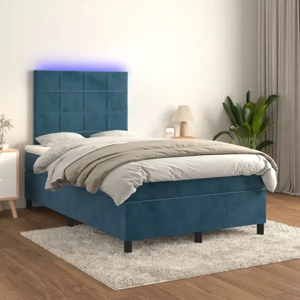 Gossi pat cu arcuri, saltea si led, albastru, 120x200 cm, catifea