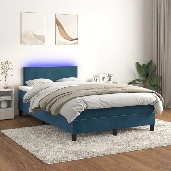 Gossi pat cu arcuri, saltea si led, albastru, 120x200 cm, catifea
