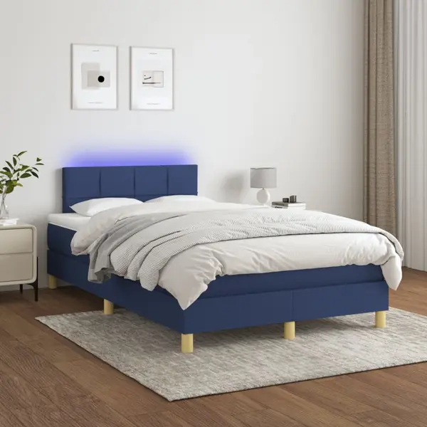 Gossi pat cu arcuri, saltea si led, albastru, 120x200 cm, textil