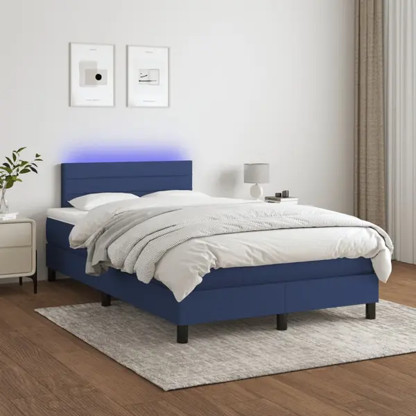 Gossi pat cu arcuri, saltea si led, albastru, 120x200 cm, textil