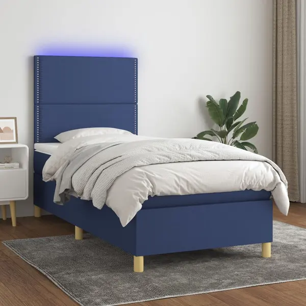 Gossi pat cu arcuri, saltea si led, albastru, 120x200 cm, textil