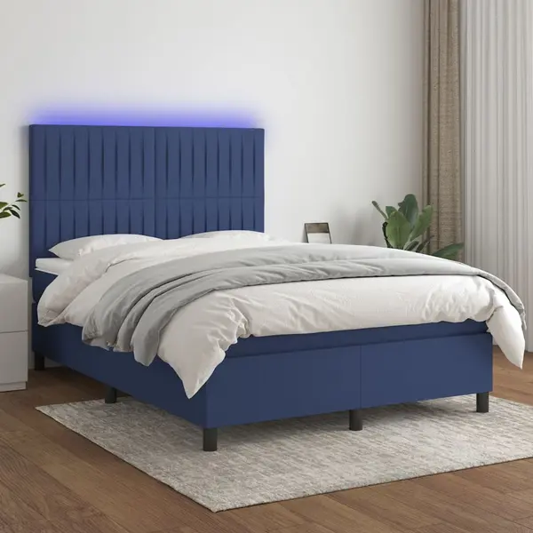 Gossi pat cu arcuri, saltea si led, albastru, 140x190 cm, textil