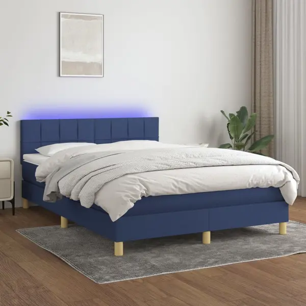 Gossi pat cu arcuri, saltea si led, albastru, 140x190 cm, textil
