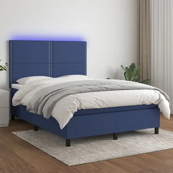 Gossi pat cu arcuri, saltea si led, albastru, 140x200 cm, textil