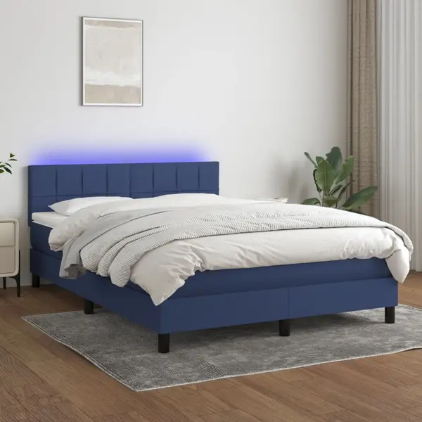 Gossi pat cu arcuri, saltea si led, albastru, 140x200 cm, textil