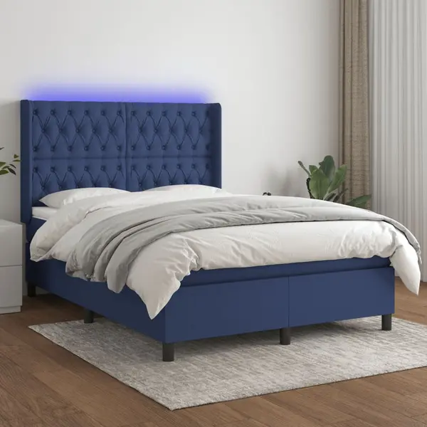 Gossi pat cu arcuri, saltea si led, albastru, 140x200 cm, textil