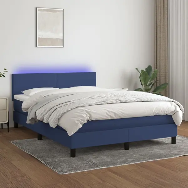 Gossi pat cu arcuri, saltea si led, albastru, 140x200 cm, textil