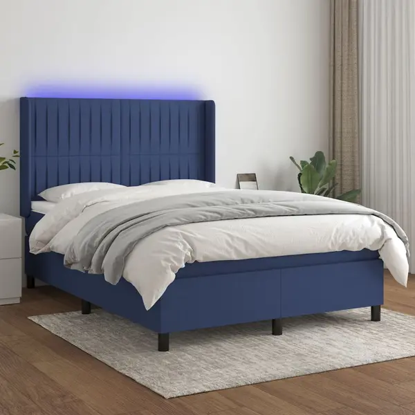Gossi pat cu arcuri, saltea si led, albastru, 140x200 cm, textil