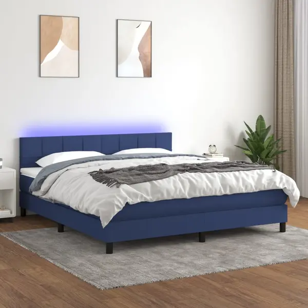 Gossi pat cu arcuri, saltea si led, albastru, 160x200 cm, textil