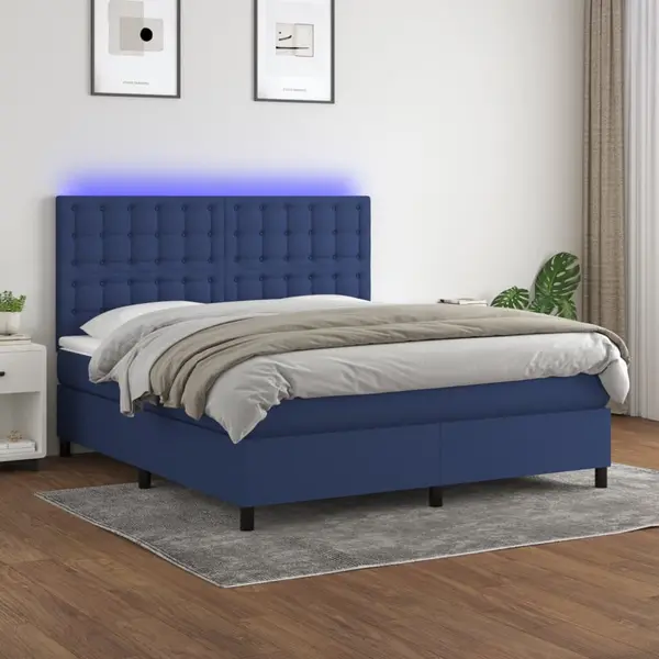 Gossi pat cu arcuri, saltea si led, albastru, 160x200 cm, textil