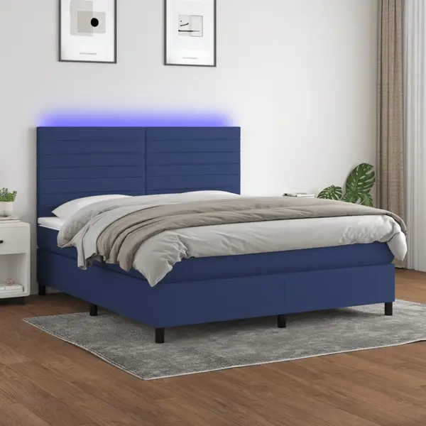 Gossi pat cu arcuri, saltea si led, albastru, 160x200 cm, textil