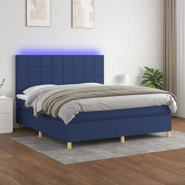 Gossi pat cu arcuri, saltea si led, albastru, 160x200 cm, textil