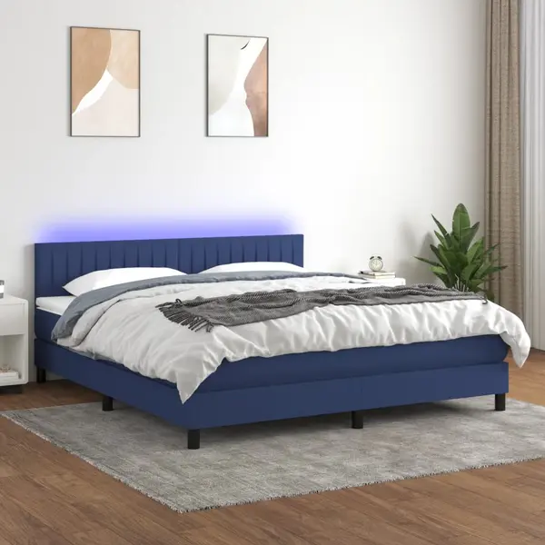 Gossi pat cu arcuri, saltea si led, albastru, 160x200 cm, textil