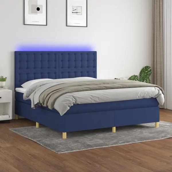 Gossi pat cu arcuri, saltea si led, albastru, 160x200 cm, textil