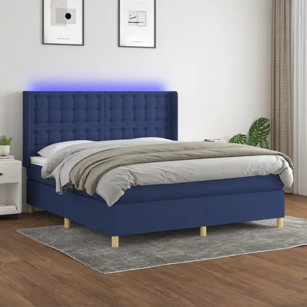 Gossi pat cu arcuri, saltea si led, albastru, 160x200 cm, textil