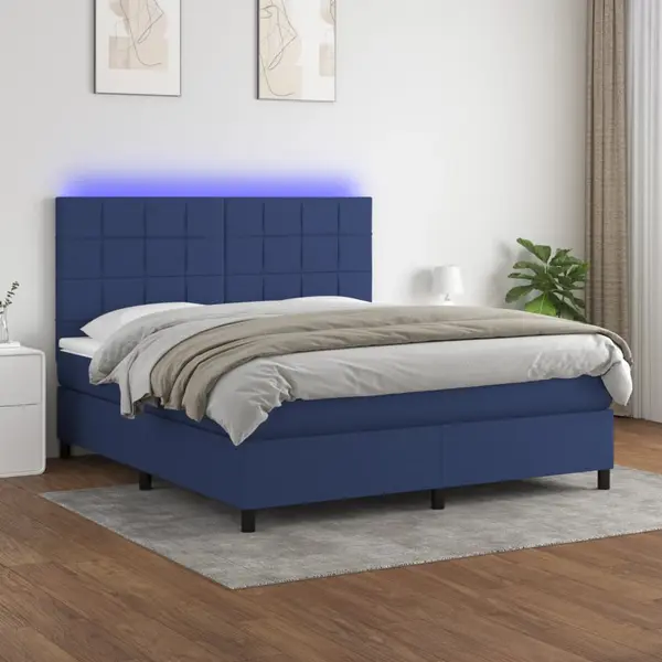 Gossi pat cu arcuri, saltea si led, albastru, 180x200 cm, textil