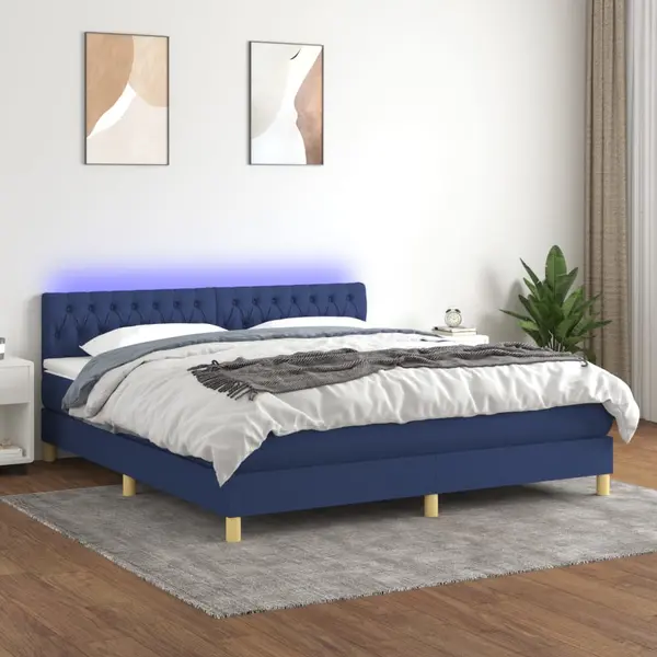 Gossi pat cu arcuri, saltea si led, albastru, 180x200 cm, textil