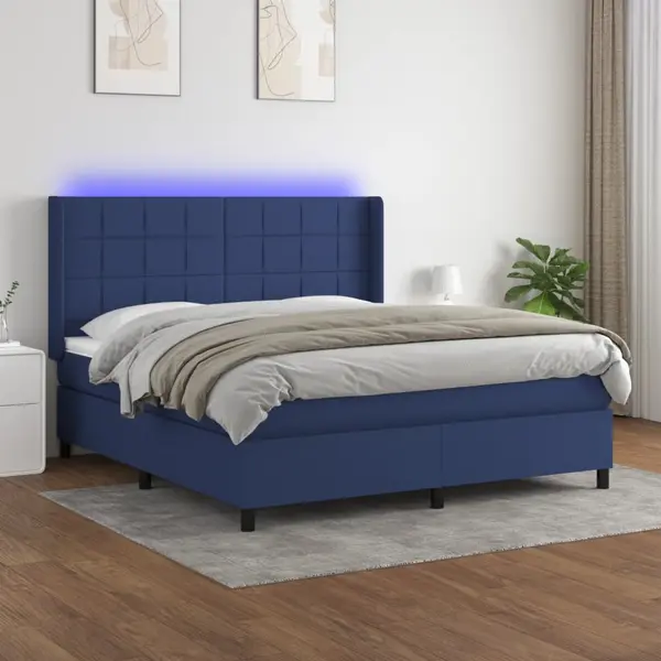 Gossi pat cu arcuri, saltea si led, albastru, 180x200 cm, textil