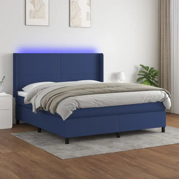 Gossi pat cu arcuri, saltea si led, albastru, 180x200 cm, textil