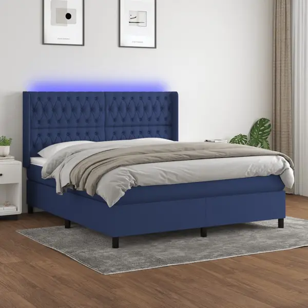 Gossi pat cu arcuri, saltea si led, albastru, 180x200 cm, textil