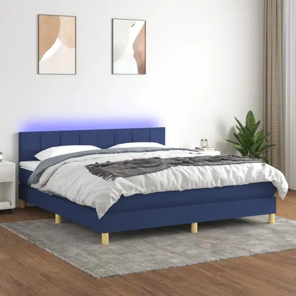 Gossi pat cu arcuri, saltea si led, albastru, 180x200 cm, textil