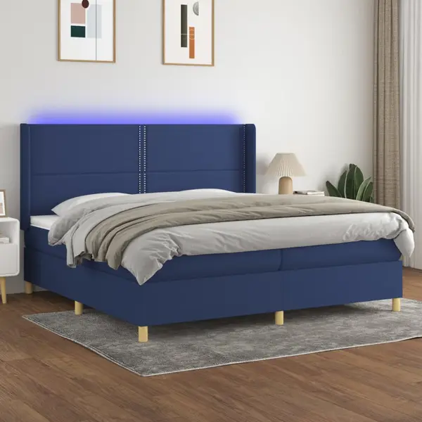 Gossi pat cu arcuri, saltea si led, albastru, 200x200 cm, textil