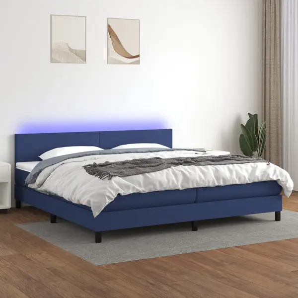 Gossi pat cu arcuri, saltea si led, albastru, 200x200 cm, textil