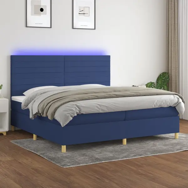 Gossi pat cu arcuri, saltea si led, albastru, 200x200 cm, textil
