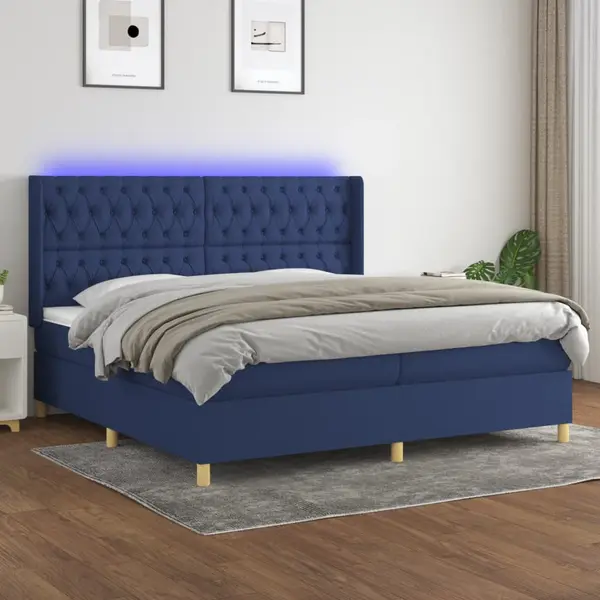 Gossi pat cu arcuri, saltea si led, albastru, 200x200 cm, textil