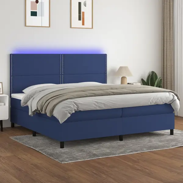 Gossi pat cu arcuri, saltea si led, albastru, 200x200 cm, textil