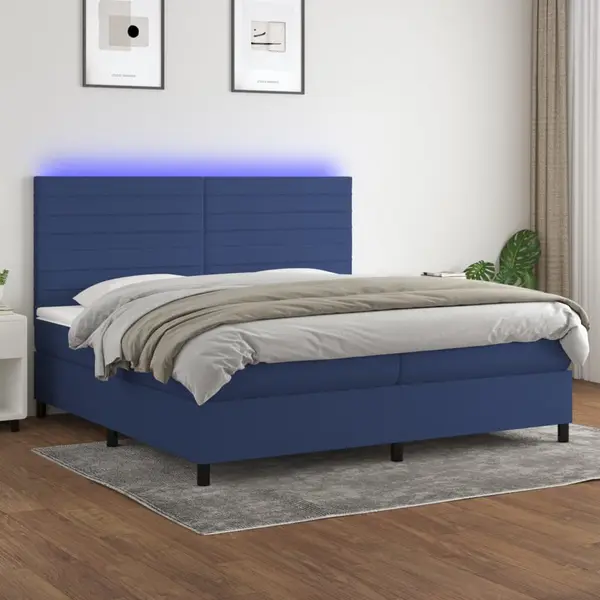 Gossi pat cu arcuri, saltea si led, albastru, 200x200 cm, textil