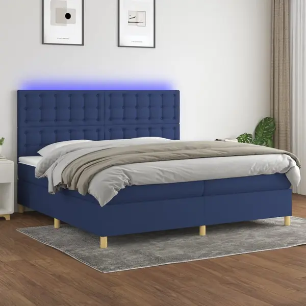 Gossi pat cu arcuri, saltea si led, albastru, 200x200 cm, textil