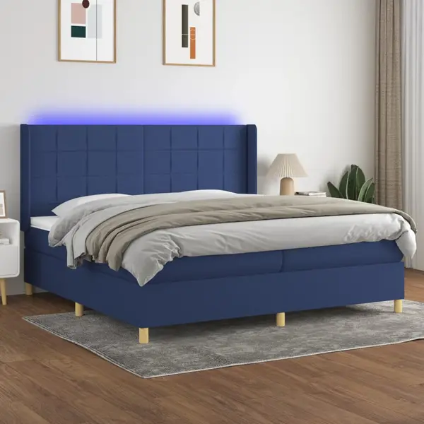 Gossi pat cu arcuri, saltea si led, albastru, 200x200 cm, textil