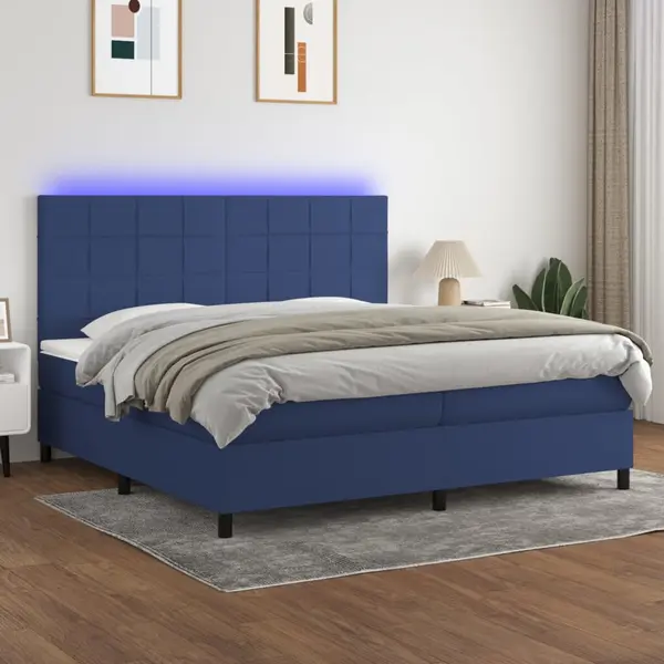 Gossi pat cu arcuri, saltea si led, albastru, 200x200 cm, textil