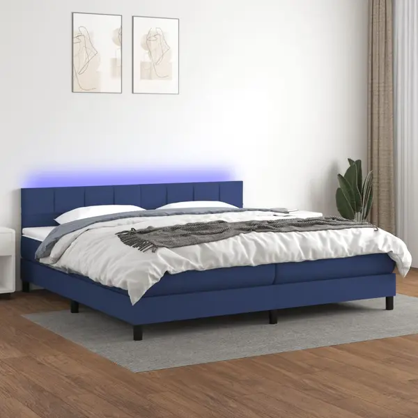Gossi pat cu arcuri, saltea si led, albastru, 200x200 cm, textil