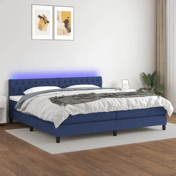 Gossi pat cu arcuri, saltea si led, albastru, 200x200 cm, textil
