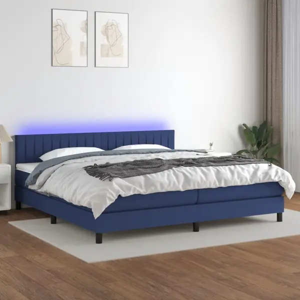 Gossi pat cu arcuri, saltea si led, albastru, 200x200 cm, textil