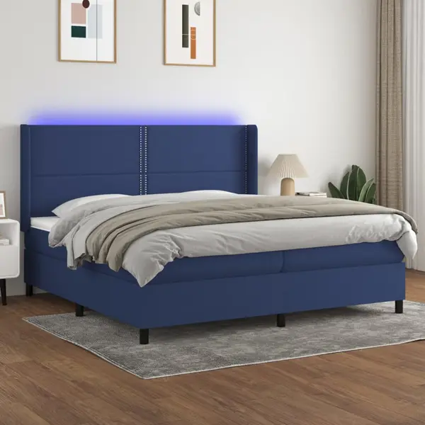 Gossi pat cu arcuri, saltea si led, albastru, 200x200 cm, textil