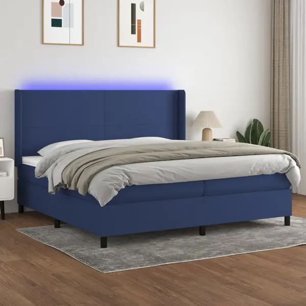 Gossi pat cu arcuri, saltea si led, albastru, 200x200 cm, textil